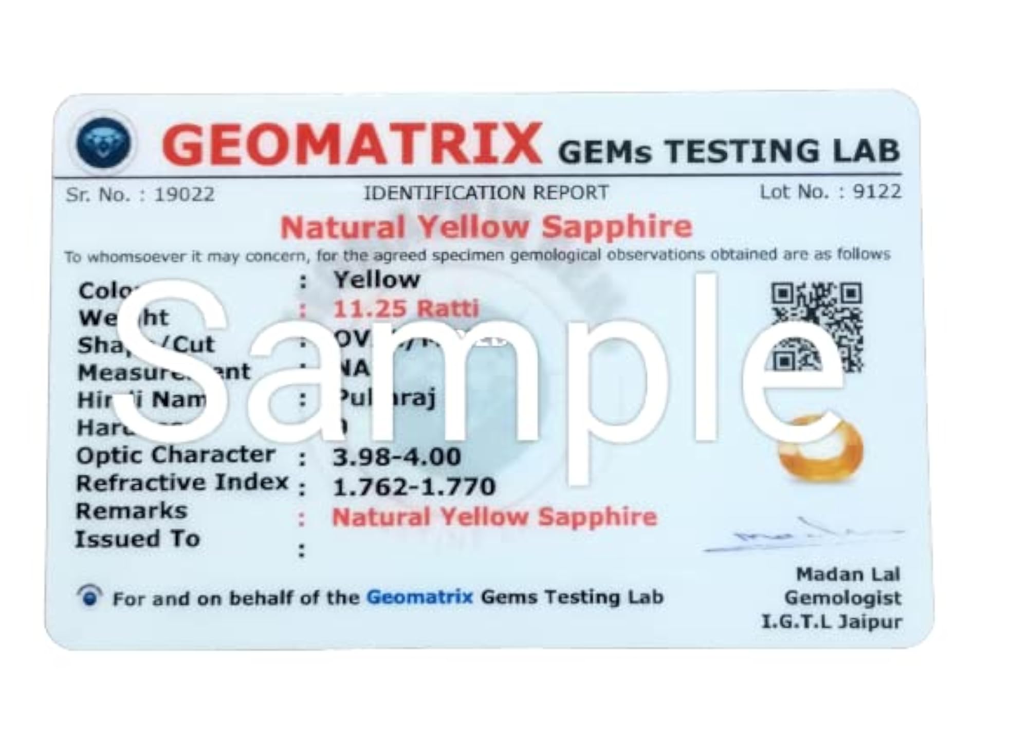 Natural Yellow Sapphire Gemstone, 9.00 Carat, Certified